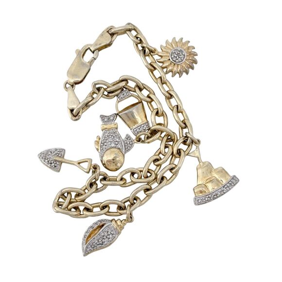 Vintage Sterling Silver 0.25ctw Diamond Accent Sea Ocean Beach Charm Bracelet 7" - Picture 3 of 6